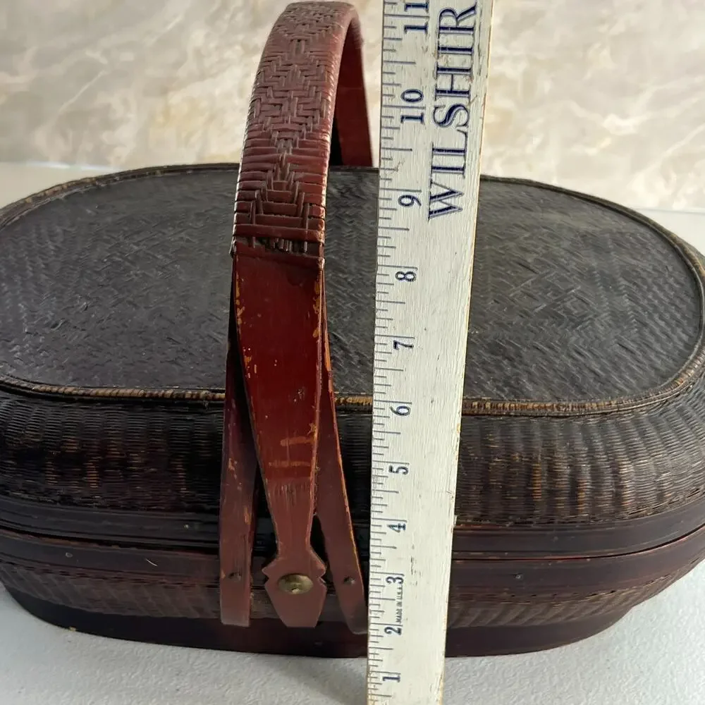 Oriental Chinese Food Bridal Lidded Wicker Bamboo Basket With Handle